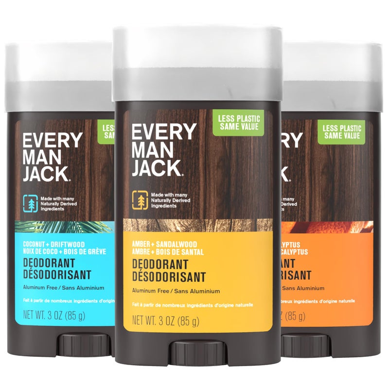 Every Man Jack Mens Deodorant Variety Set  Includes 3 FullSized Aluminum Free Natural Deodorant Sticks  Coconut  Driftwood Citrus  Eucalyptus Amber Sandalwood  3oz 3 Pack
